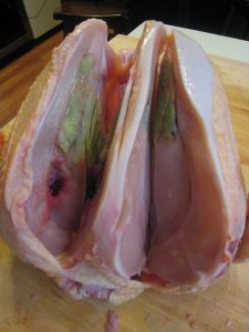 Deep Pectoral Myopathy (DPM) hemorrhages in the breast tissue of a Jumbo Cornish Cross